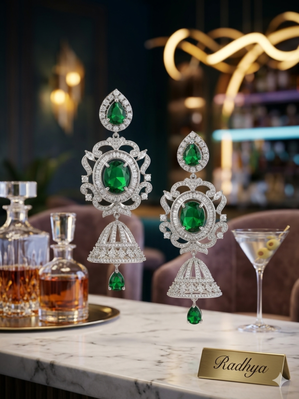 Microsetting bracket diamonds + Emerald CZ statement earrings #1