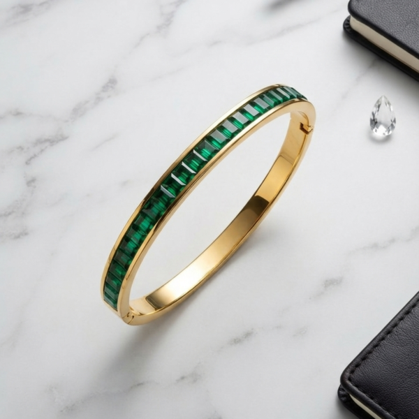 Gold finish emerald baguette stone bracelet