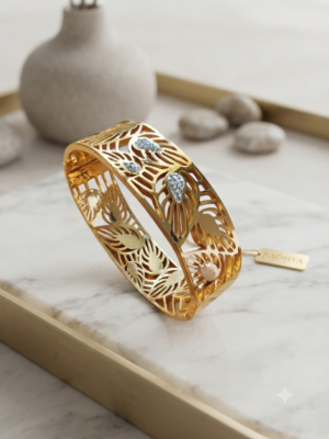 Golden cutwork leaf motif heritage kada bracelet