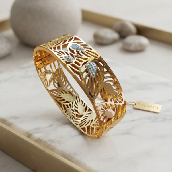 Golden cutwork leaf motif heritage kada bracelet