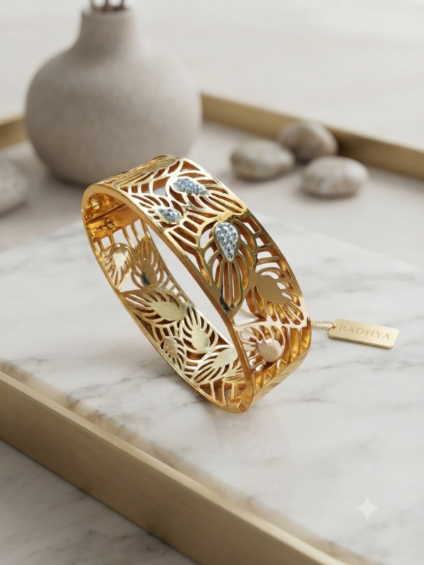Golden cutwork leaf motif heritage kada bracelet