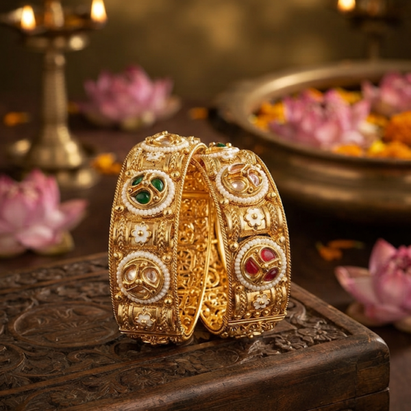 Antique gold finish multi-color stone kadas