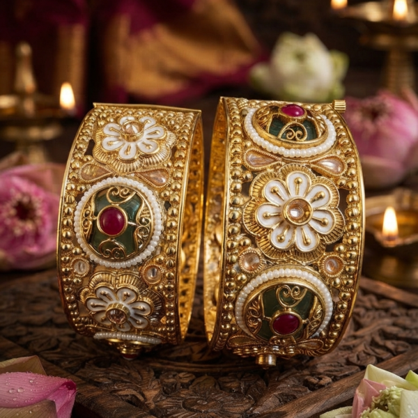 Antique gold finish multi-color stone kadas