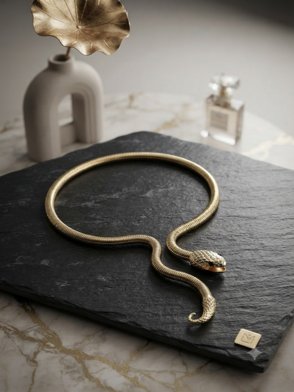 Sleek gold snake chain necklace with detailed head