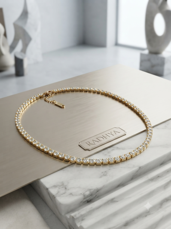Elegant gold finish AD tennis neckchain.