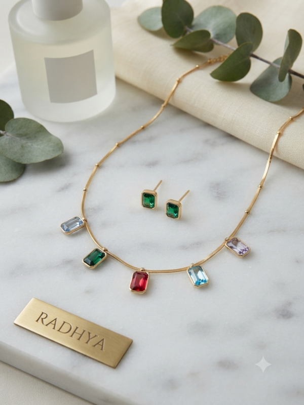 Vibrant multi-stone gold finish necklace set