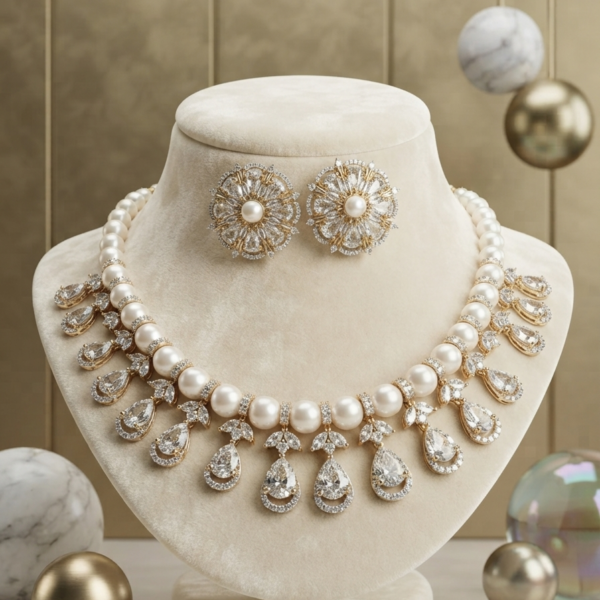 Elegant pearl and AD stone necklace set