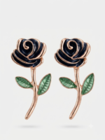 Charming black rose earrings with green leaves.