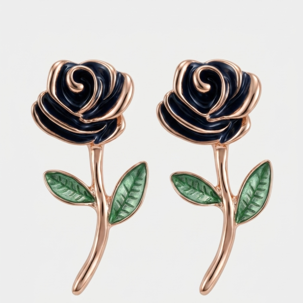 Charming black rose earrings with green leaves.