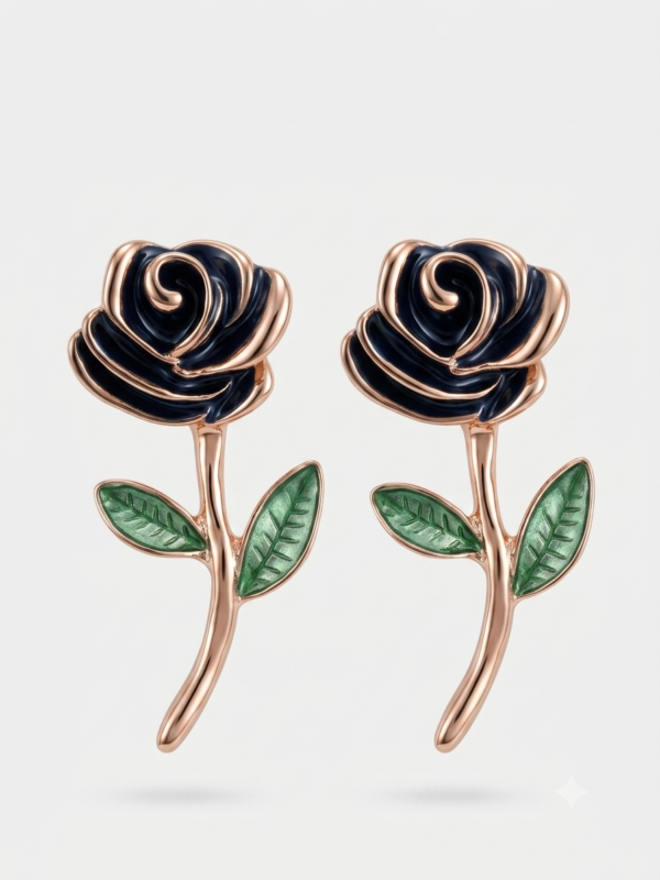 Charming black rose earrings with green leaves.