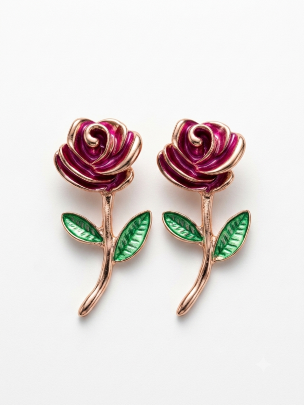 Charming black rose earrings with green leaves.