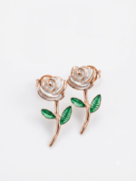 Charming black rose earrings with green leaves.