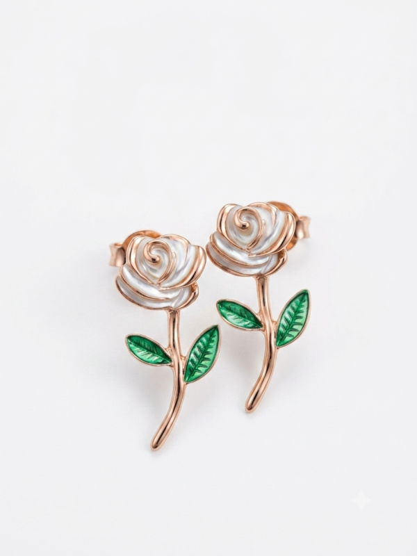 Charming black rose earrings with green leaves.