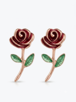 Charming black rose earrings with green leaves.