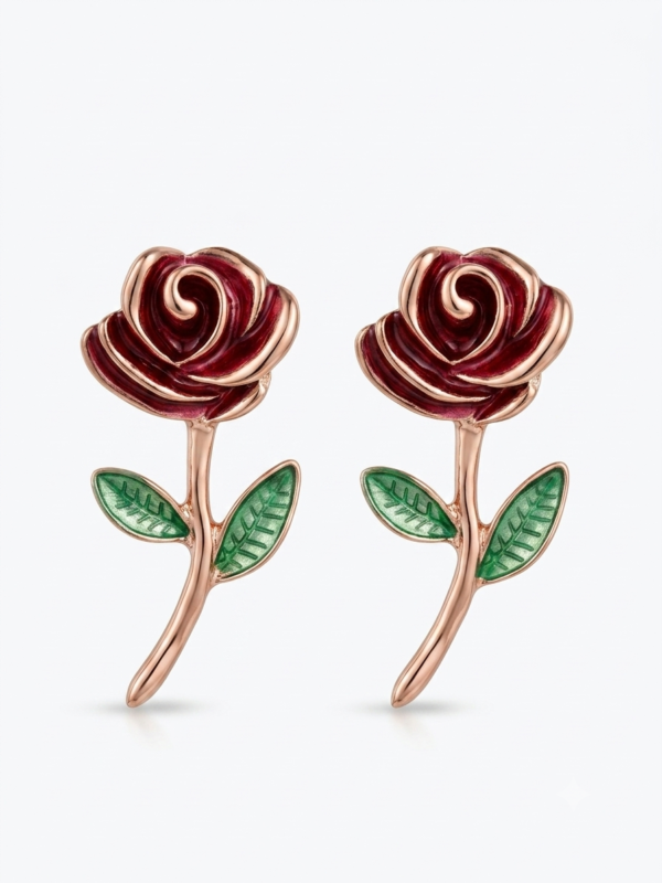 Charming black rose earrings with green leaves.