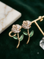 Charming black rose earrings with green leaves.