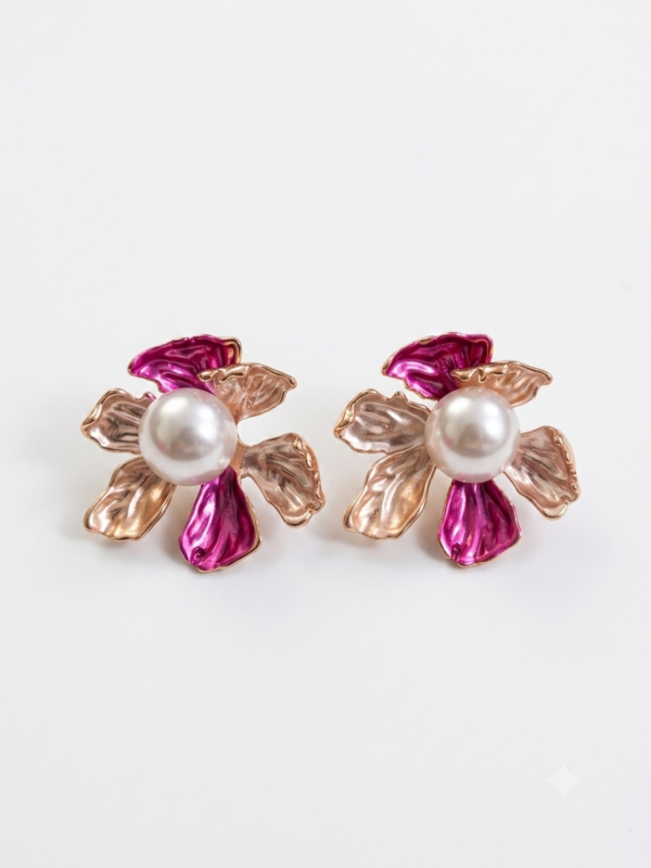 Chic pink flower pearl stud earrings