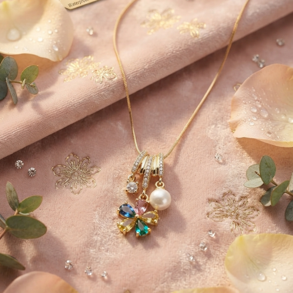 Multi-stone flower cascading pendant necklace with pearl