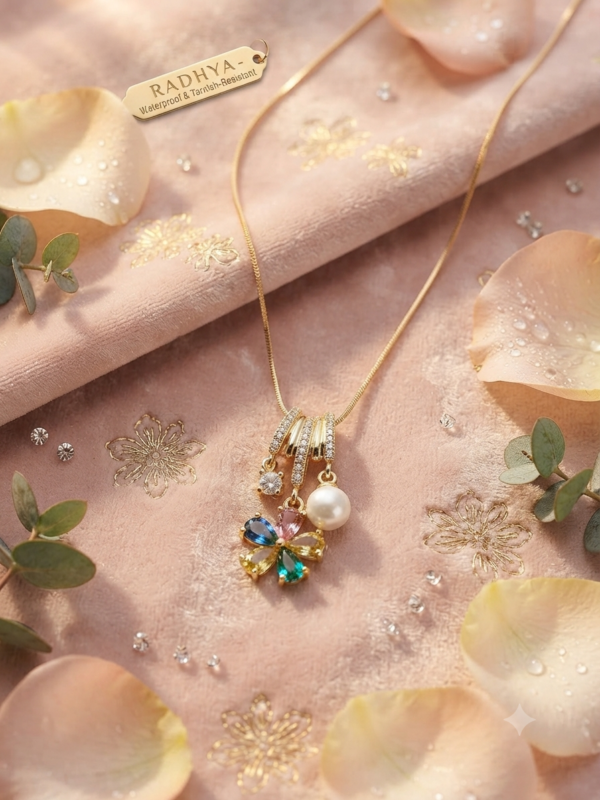 Multi-stone flower cascading pendant necklace with pearl