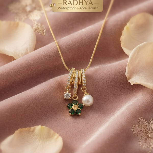 Gold finish green flower pendant necklace