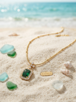 Green rectangular pendant gold snake chain necklace