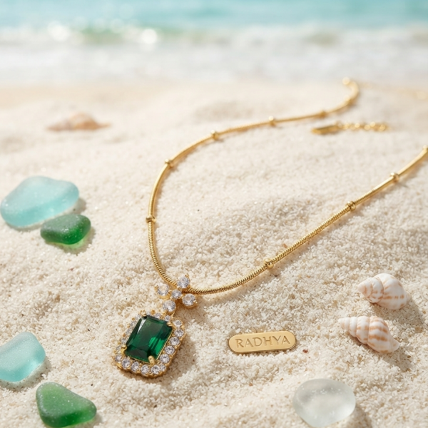 Green rectangular pendant gold snake chain necklace