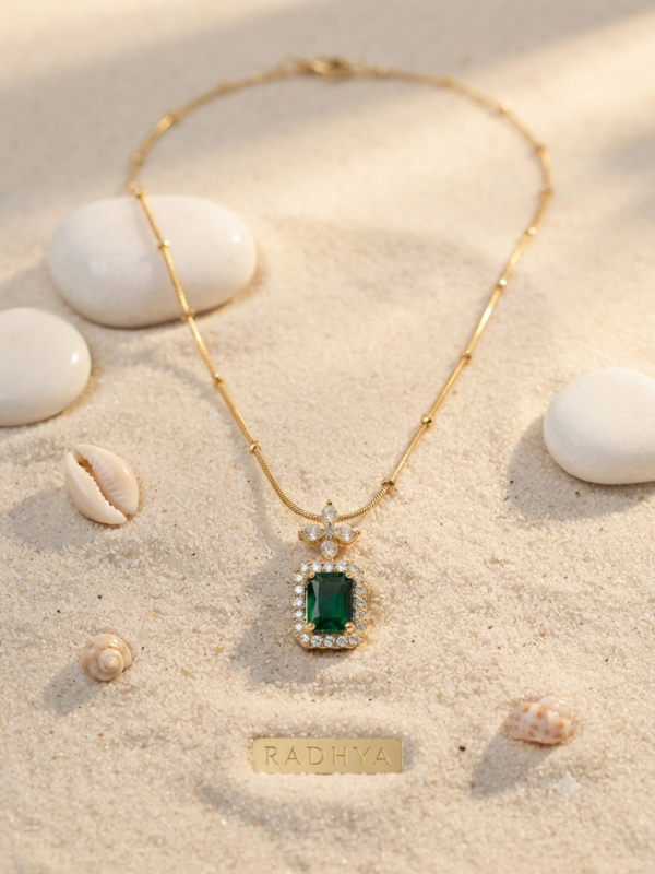 Green rectangular pendant gold snake chain necklace