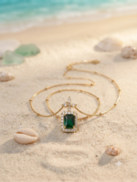 Green rectangular pendant gold snake chain necklace