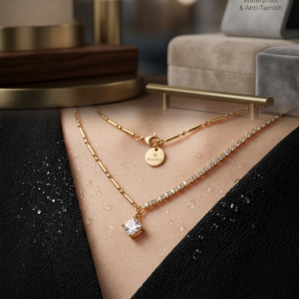 Elegant gold anti-tarnish square stone necklace