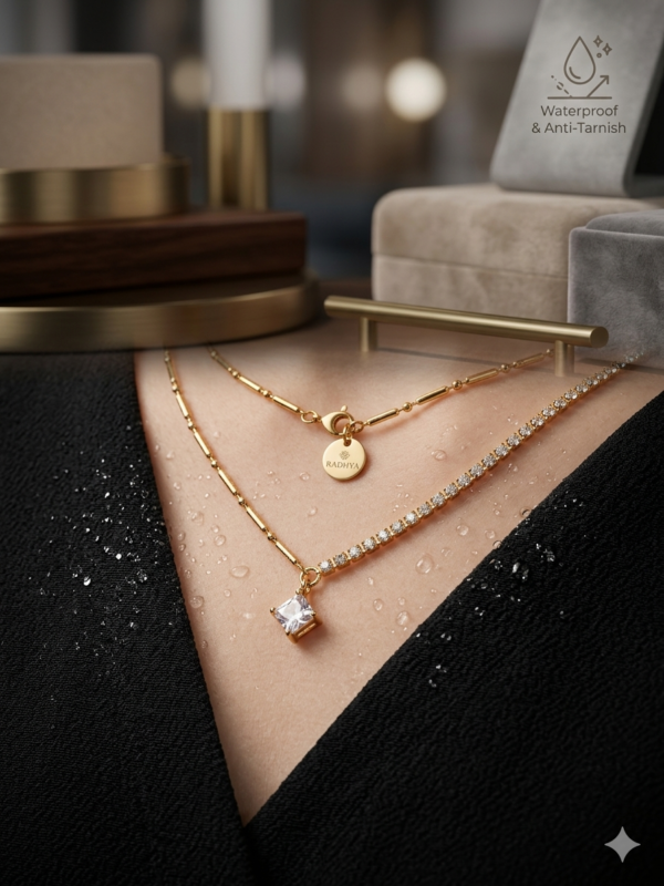 Elegant gold anti-tarnish square stone necklace