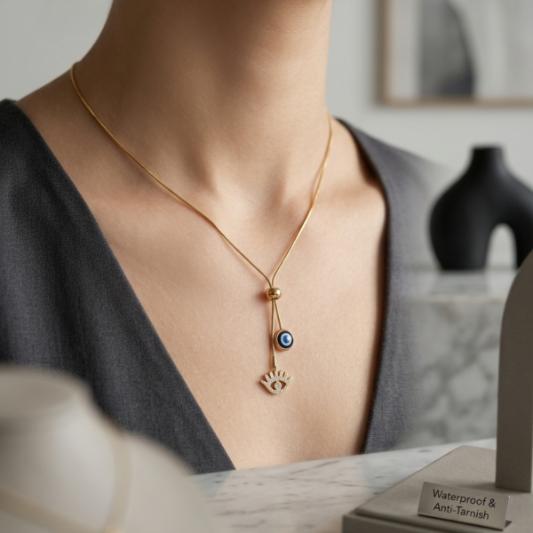Gold finish anti-tarnish evil eye hamsa necklace