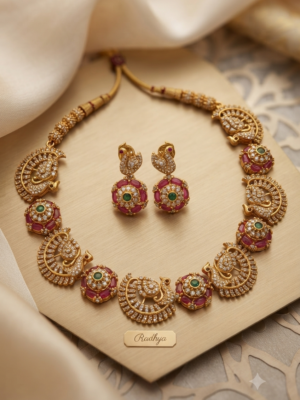 Temple gold peacock necklace set with colored stones
