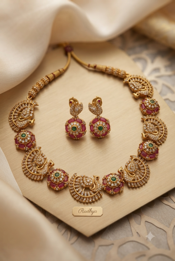 Temple gold peacock necklace set with colored stones