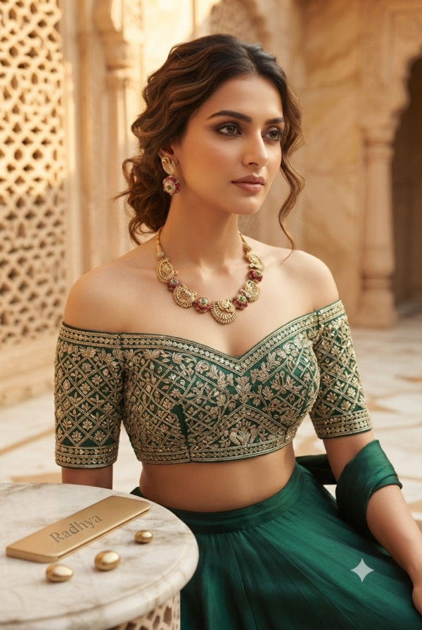 Temple gold peacock necklace set with colored stones