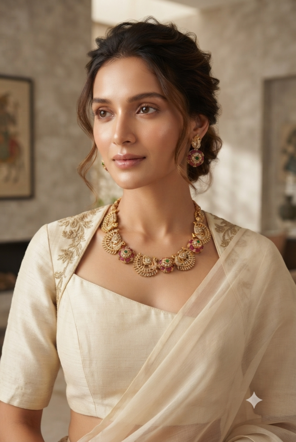 Temple gold peacock necklace set with colored stones