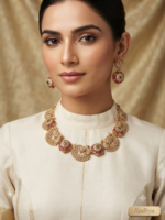 Temple gold peacock necklace set with colored stones