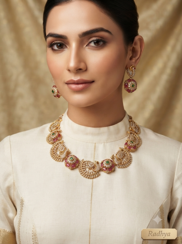 Temple gold peacock necklace set with colored stones