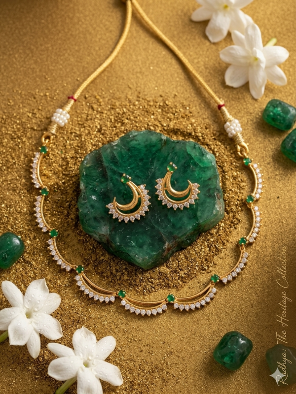 Golden crescent moon necklace set with matching earrings