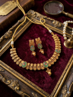 Matte gold green stone necklace and earrings set