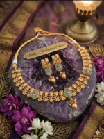 Matte gold green stone necklace and earrings set