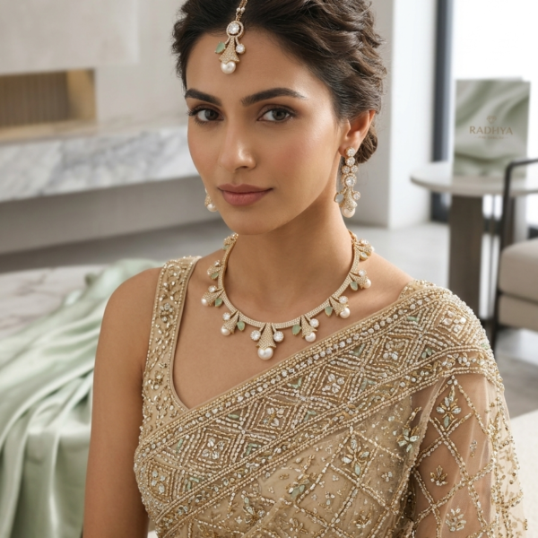 Elegant gold finish mint green AD stone necklace set