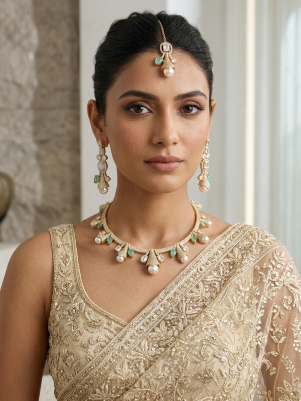 Elegant gold finish mint green AD stone necklace set