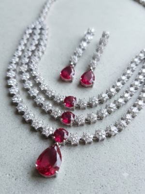 Silver ruby AD stone multi-strand necklace set