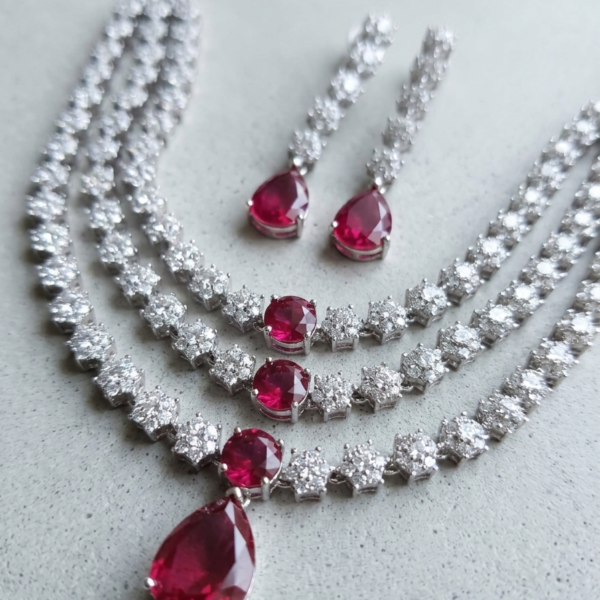 Silver ruby AD stone multi-strand necklace set
