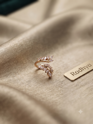 Elegant dual leaf band ring with sparkling AD stones.