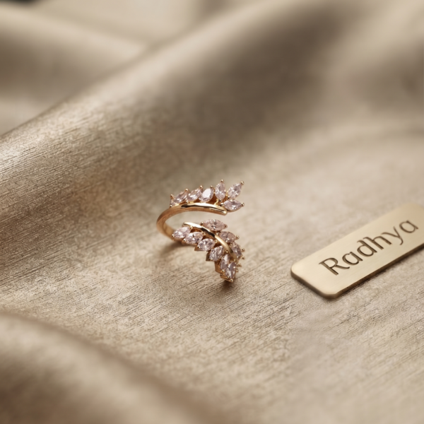 Elegant dual leaf band ring with sparkling AD stones.