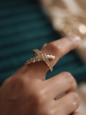 Elegant gold finish AD stone crisscross ring